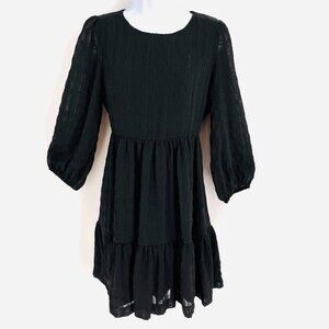 Madewell Puff-Sleeve Ruffle-Hem Mini Dress Size 00 Black Lined Woven Plaid